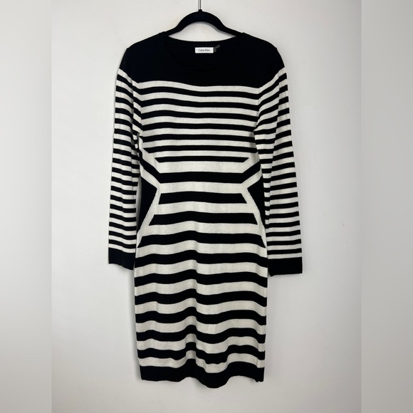 Calvin Klein Size M Long Sleeve Black & White Striped Sweater Dress Career Shift - Picture 3 of 9